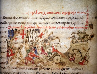 ニコポリスの戦い：バヤズィッド1世（トルコ）によるキリスト教徒の敗北（1396年9月28日）-1400年頃の「Croniche del Sercambi」による。National Archive, Lucca. 作： Unknown artist