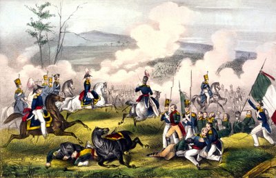 パロアルトの戦い：1846年8月5日、テイラー将軍率いる2900人のアメリカ人と、アリスタ将軍率いる6000人のメキシコ人の間で行われた。19世紀のエングレーヴィング。 作： Unknown artist
