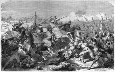 ラヴェンナの戦い（イタリア）、1512年4月11日のヌムール公ガストン・オブ・フォワ（1489-1512）の死。19世紀のエングレーヴィング。 作： Unknown artist