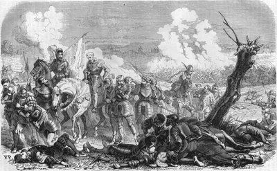 1557年のサンカンタンの戦いは、フランス王国とスペイン王国を争う長い戦争の一つのエピソードです。19世紀のガブレ。 作： Unknown artist