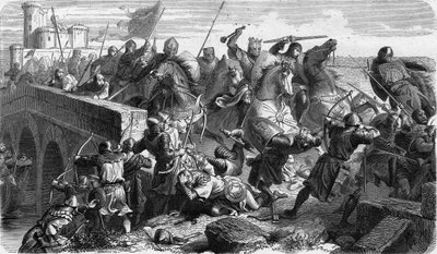 タイルブールの戦い 1242年、フランス王ルイ9世（サンルイ、Saint Louis）と弟のポワチエ伯爵アルフォンスのカペー軍が、家臣の反乱軍であるイングランドのヘンリー3世とリュシニャンのユーグ10世の軍と対戦した。 作： Unknown artist