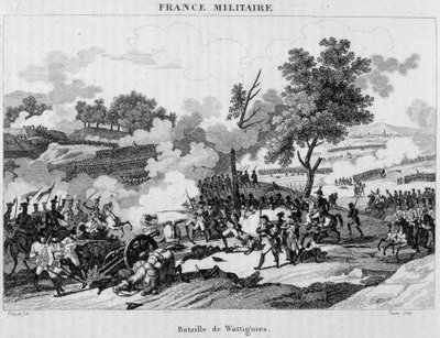 ワティニーの戦い。1793年10月、オーストリア軍に包囲されたモーブージュの街を解放するため、ジュールダンとカルノが勝利を収めた。19世紀のエングレーヴィング。 作： Unknown artist