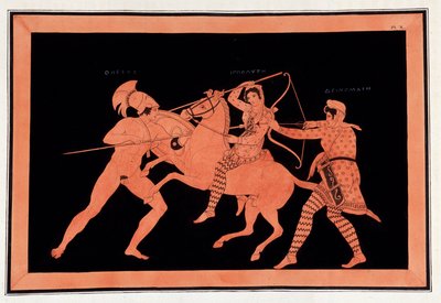 テゼに対するアマゾンのヒュポリットとデイノマケの戦い - 「一般にエトルスクと呼ばれる古代の壺の絵画」は、様々なコレクションから、A.クレンナーが彫刻し、A.L.ミレンが解説を添えています。デュボア-メゾンヌーブ著。マイソの図書館 作： Unknown artist