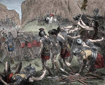 Caudine Forksの戦い - Battle of the Caudine Forks (Furculae Caudinae) - 紀元前321年、第二次サムナイト戦争におけるローマ人とサムナイトの間の戦い。 作： Unknown artist