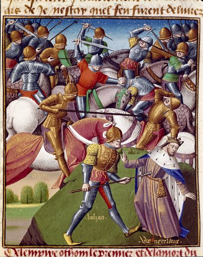 皇帝オトン1世（Otton or Oton I, 912-973）の兵士たちの戦い。Vincent de Beauvais (1190-1264)の「Le miroir historial」(Speculum Historiale)のミニチュアで、Jean de Vignayがフランス語に翻訳したもの。 作： Unknown artist