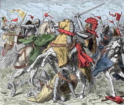 エルスター川の戦い。シュヴァーベンのルドルフが致命傷を負った - サクソン人の反乱（1073-1075年）。ラインフェルデンのロドルフ（1025-1080年頃）、シュヴァーベン公、ローマの反王は、エルスターの近くの戦いで、ヘンリー4世の軍との戦いで致命的な傷を負った。 作： Unknown artist