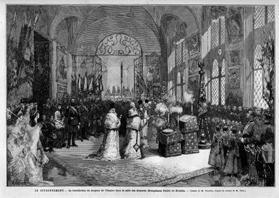 5月27日に行われたロシア皇帝アレクサンドル3世（1845-1894）とデンマーク皇帝ダグマー（1847-1928）の戴冠式で、モスクワのクレムリンの鎧戸で帝国の旗を捧げる。 作： Unknown artist