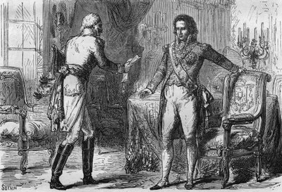 ベルナドットの裏切り - ジャン・バティスト・ジュール・ベルナドット（1763-1844）は、12月18日にスウェーデンのストックホルムでプロイセンからの使者（諜報員）を受け取った。 作： Unknown artist