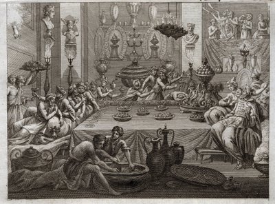 ロワイヨモンの聖書、旧約聖書。バルタザールが断罪する。食卓のバルタザール王（ベルシャッツァー）は、3つの言葉で自分の文章の終わりを書いている手を見ている。1811年のイラスト。 作： Unknown artist