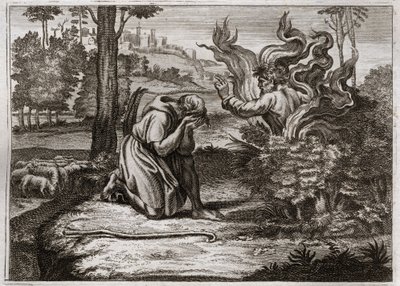 ローヤルモンの聖書、旧約聖書。燃える柴。神は燃える柴の中からモーセに語りかける。1811年のイラスト。 作： Unknown artist