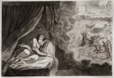 ローヤルモンの聖書、旧約聖書。ダニエルが見たアッシリア、ペルシャ、ギリシャ、ローマの4つの君主制について。彼らは4つの怪物を見る。ハニエル、カフジエル、アズリエル、アニエル。1811年のイラスト。 作： Unknown artist