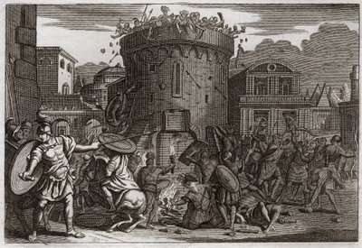 ローヤルモンの聖書、旧約聖書。アビメレクの死。アビメレク(Abimelec or Ahimelech or Ahimelek)は、テベッツの包囲戦で、石をぶつけた女に殺される。1811年のイラスト。 作： Unknown artist