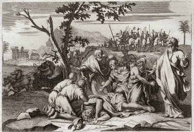 ローヤルモンの聖書、旧約聖書。邪悪なアンティオコスの死アンティオコス4世エピファン王（紀元前175-164年）の落馬による驚愕の死。1811年のイラスト。 作： Unknown artist