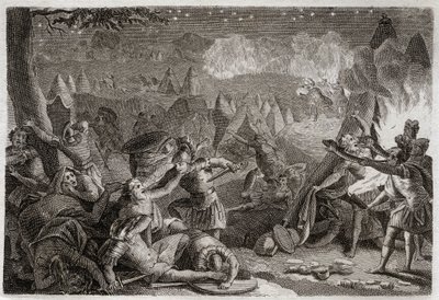 ローヤルモンの聖書、旧約聖書。ラッパの音とランプの明かりによるミディアン人の敗北。1811年のイラスト。 作： Unknown artist