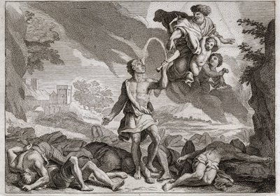 ローヤルモンの聖書、旧約聖書。ペリシテ人の敗北。サムソンはロバの顎で1000人のペリシテ人を殺しました。神はサムソンが渇きを癒すことができるように、顎から水を流れ出させた。1811年のイラスト。 作： Unknown artist