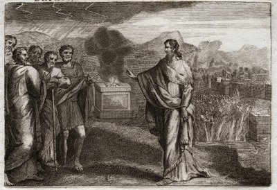 ローヤルモンの聖書、旧約聖書。ペリシテ人の敗北。サムエルは神にホロコーストを捧げる。その後、ユダヤ人がペリシテ人を守る。1811年のイラスト。 作： Unknown artist