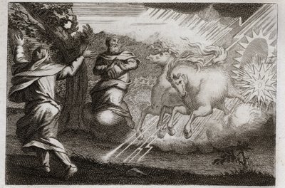ローヤルモンの聖書、旧約聖書。エリヤは天で喜ばれる。エリヤは、弟子の前で火の車に乗って天に召される。エリゼは彼から二重の心を授かり、エリヤのマントでヨルダン川の水を分ける。イラスト 作： Unknown artist