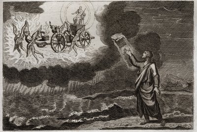 ローヤルモンの聖書、旧約聖書。エゼキエルのプロフェット聖預言者は、主が4人のケルビン（tetramorph）に運ばれた荷車に乗って現れたというビジョンを見た。1811年のイラスト。 作： Unknown artist