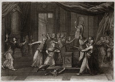 ロワイヨモンの聖書、旧約聖書。マタチアスの生成。マカベース（Maccabees, Macabees）の父マタティアス（Mattathias）は、神の律法の聖なるゼレによって、偶像に生け贄を捧げたユダヤ人を殺した。1811年のイラスト。 作： Unknown artist