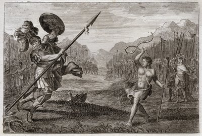 ローヤルモンの聖書、旧約聖書。巨人ゴリアテ。巨大なペリシテ人ゴリアテは、武器がスリングと棒だけのダビデに倒された。1811年のイラスト。 作： Unknown artist