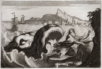 ローヤルモンの聖書、旧約聖書。クジラの中のヨナ預言者ヨナはクジラの中で生き、生きて帰ってくる。1811年のイラスト。 作： Unknown artist