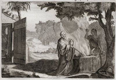 ロワモンの聖書、旧約聖書。ゲデオンのいけにえ。ゲデオン（ギデオン）は、ユダヤ人を敵から奪うために神に召される。彼は石の上にいけにえを捧げ、そこから火が出てきて石を焼き尽くします。1811年のイラスト。 作： Unknown artist