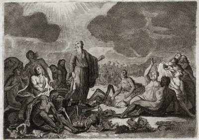 ローヤルモンの聖書、旧約聖書。エゼキエルの第二の幻。預言者エゼキエルが、人間の形をしたいくつかの骨すべてのデッセーから見たビジョン。1811年のイラスト。 作： Unknown artist