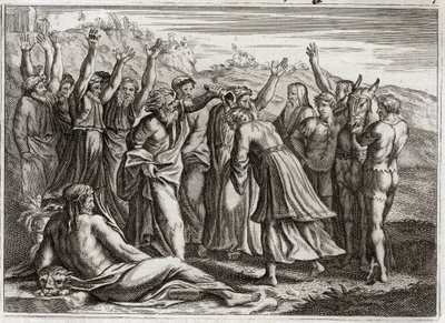 ローヤルモンの聖書、旧約聖書。ソロモン王。ダビデは、ベトサベと預言者ナタンの祈りによってソロモン王を立てた。1811年のイラスト。 作： Unknown artist