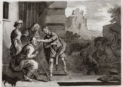 ローヤルモンの聖書、旧約聖書。トビアが視力を回復する。若き日のトビアは、大天使ラファエルの助言で釣った魚のフィールを目に通すことで、父に視力を与える。天使は二人に自分の存在を知らせ、そして消えていく。イラストレーター 作： Unknown artist