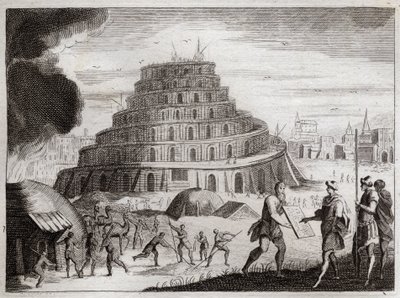 ロワイヨモンの聖書、旧約聖書。バベルの塔。人は虚栄心から天に向かって塔を建てようとする。神は、彼らの舌を混乱させて、お互いの言葉が聞こえなくなるようにして、この作業を阻止した。1811年のイラスト。 作： Unknown artist