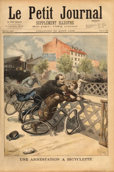 シャンピニー付近での自転車の逮捕。1896年8月30日の「Le petit journal」に掲載された版画。セルバのコレクション。 作： Unknown artist