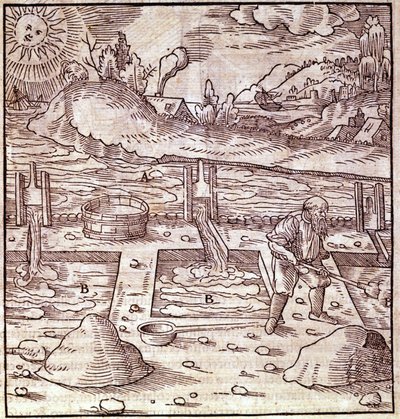 瀝青の回収。Georg Bauer "Agricola De Re metallica" book of the 15th century.ミラノの科学博物館の聖書。 作： Unknown artist