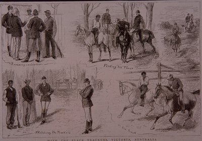 1881年、オーストラリアのビクトリア州でブッシュレンジャーを追跡するブラックトラッカーズ（彫刻）。 作： Unknown artist