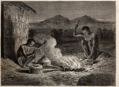 ザンベセ川のほとり、シミアンゴの鍛冶屋。1840年から1856年にかけて行われたリビングストン博士の南部アフリカへの最初の航海を、エドゥアール・シャルトンの指導のもとに出版された「Le tour du monde, nouveau journal des voyages」に掲載されたエングレーヴィング。 作： Unknown artist