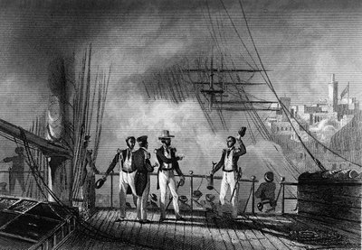 ジョインビレ王子によるタンジェ爆撃（ヴァン・テナック著「Histoire générale de la marine」より 作： Unknown artist