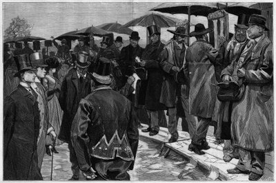 ピケットが撤去される前のオートゥイユ競馬場の賭博師たち（『Le Monde Illustré』1887年刊）。 作： Unknown artist