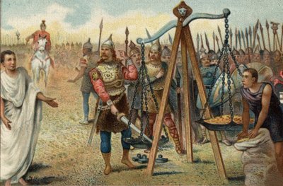 紀元前390年、剣を天秤にかけるブレヌス：首長ブレヌス（ブレノス）に率いられたガリア人がローマを略奪した。ローマ人の抵抗に直面したBrennusは、ローマの軍事法廷官Quintus Sulpiciusと取引することに合意し、ローマを離れてローマ人に対抗しました。 作： Unknown artist