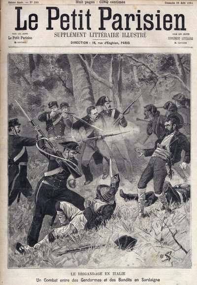 イタリアの山賊：サルデーニャでのジャンダルムと山賊の戦いを描いたもの。(Briganti Sardi, Sardegna) "Le Parisien "に掲載された図版 作： Unknown artist