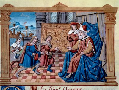 若き日のマルコ・ポーロ（1254-1324）の父と叔父にあたるニコロとマッテオ・ポーロ兄弟は、クビライ（クビライ・ハン、モンゴル元朝（1215-1294）の初代皇帝、1271年のモンゴル皇帝）の宮廷に迎えられた。ミニチュアは「The B」から引用 作： Unknown artist