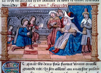 若き日のマルコ・ポーロ（1254-1324）の父と叔父であるニコロとマッテオ・ポーロ兄弟は、大クビライ（クビライ・ハン、モンゴル元朝の初代皇帝（1215-1294）、1271年のモンゴル皇帝）の宮廷に迎えられた。ミニチュアは「」から引用 作： Unknown artist