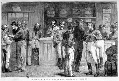 オーストラリアのブッシュ酒場（1880年頃）。 作： Unknown artist