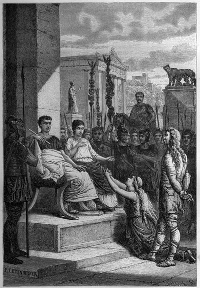 CAPTIVITY OF CHAMACUS - Caratacus (Caratacos, Caratacus) in captivity with his family addresses the Roman Emperor Claudius (Claude I) (10 BC-54 AD) - Engraving in "L
