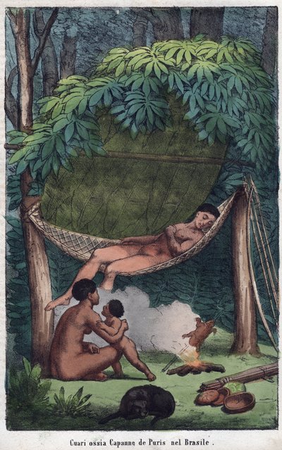 Cabane des Puris au Brazil - View of a Puri Cabin in Brazil - engraving from "Uses and Customs of All the Peoples of the Universe".つまり、最も遠い時代から今日に至るまでの、すべての国の政府、法律、民兵、宗教の歴史です。 作： Unknown artist