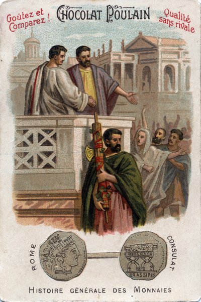 Caius Licinius Calvus Stolonは、コンスキュレートへのアクセスを得ることで、プレベイア人の政治的権力の獲得に貢献する。コインの歴史」にて。19世紀末のチョコレート色のクロモリトグラフ。個人蔵。 作： Unknown artist