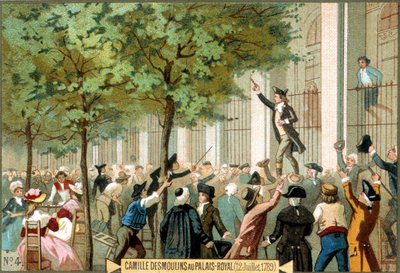 パレ・ロワイヤルでのカミーユ・デムーラン（1789年12月7日）。クロモリトグラフ 19世紀- フランス革命-カミーユ・デムーランがバスティーユに嵐を呼ぶ（パリ 作： Unknown artist
