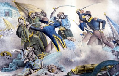 1837年、ヴァレ元帥によるアルジェリアでのコンスタンティヌスの捕獲。19世紀のカラーリトグラフ。 作： Unknown artist