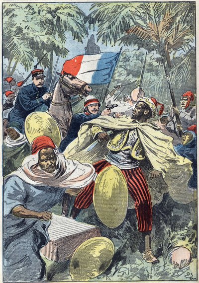 スーダンの指導者でフランスのアフリカ植民地化に反対したサモリー・トゥーレ（1830年頃～1900年）を、グロー大尉とジャクイン中尉が捕らえます。スーダン 作： Unknown artist