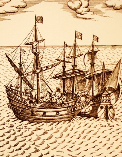 Captura do galeão espanhol Cagafuego pelo Golden Hind liderado por Francis Drake em março de 1579 (gravura) 作： Unknown artist