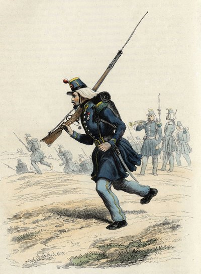 1840年に創設され、1841年にアルジェリアに派遣されたフランス陸軍のオルレアン猟兵のカラビニエ（Leon Galibert著「L