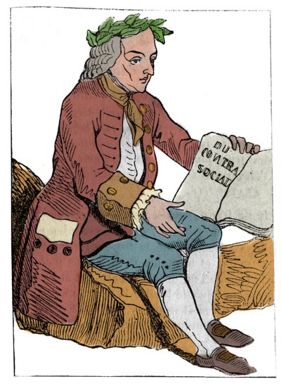 王国崩壊後の1792年9月21日に国民会議で発表されたフランス共和国（1793年）のプレイカード：ジャン・ジャック（Jean Jacques）・ルソー（1712-1778）の特徴を生かした哲学者のキャラクター「社会契約への道 作： Unknown artist